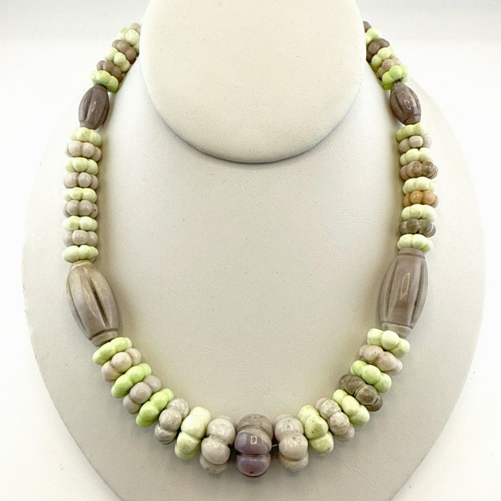 Jay King Necklace Carved Flower Stone Green Gray Pastel Sterling Silver Dtr 925